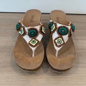 White Bucco Wedge Shoes with Thong Strap